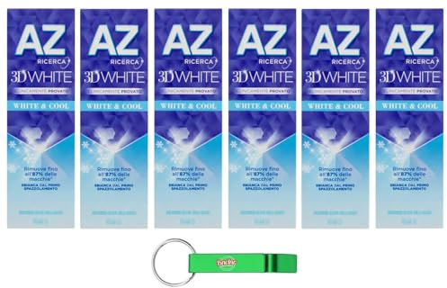 6x Dentifricio AZ 3D White & Cool,Zahnpasta mit aufhellender Wirkung,65ml + Beni Culinari Kostenloser Schlüsselanhänger