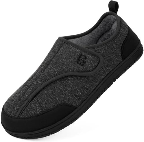 LongBay Men's Wide Fit Slippers Memory Foam House Shoes with Adjustable Hook-and-Loop Non Slip Indoor Outdoor Swollen Feet Slippers Black 9