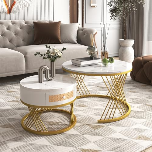 BTM 2 in 1 Runder Couchtisch aus MDF, Beistelltisch mit Tischplatte aus Marmor und Schubladen aus Kunststoff-Rattan, Griffe aus Massivholz. goldene Eisenfüße. 70 * 70 * 45,5+50 * 50 * 38,5cm