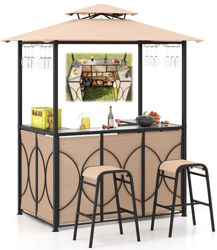 RELAX4LIFE Tonnelle Barbecue Extérieur avec 2 Tabourets, Abris Barbecue, Toit Ventilé, Comptoir en Verre Trempé, Etagères 2 Niveaux, Porte-Verre, Crochets, Pavillon Barbecue pour Terrasse (Marron)
