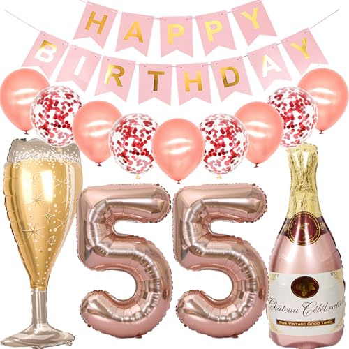 Feelairy Luftballon 55. Geburtstag Deko Frau, Rosegold Folienballon Weinflasche Sektflasche Helium Ballon Champagner Flasche, Girlande Happy Birthday Deko für Geburtstagsdeko 55 Jahre Frauen