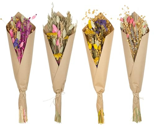 Philaro Trockenblumen Strauß - Trockenblumen Deko, Blumenstrauß, DIY-Bouquet, Dekoration für Wohnzimmer, Tischdeko, Hochzeitsdeko, getrocknete Blumen, Lila-Gelb