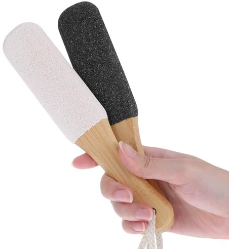 Gjinxi Pumice Stone Foot File, 2 Pack Callus Remover with Double Sided Pedicure Foot Scrubber with Wooden Handle Professional Feet Rasp File Brush Tool to Remove Dead Skin Dry Rough Corns Skin Scraper