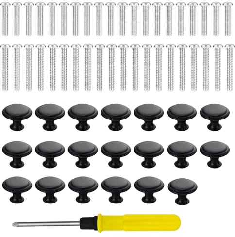 EliphonTowne 20PCS Cupboard Handles - 27mm Stainless Steel Black Drawer Knobs, Round Door Knobs with 40 Long Short Screws, Knobs for Chest of Drawers, Doorknobs for Kitchen Furniture Wardrobe Cabinet