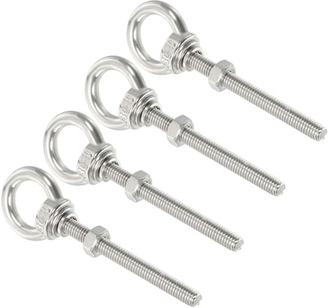 sourcing map Bulloni a occhiello M4 da 3/16 x 5 cm, in acciaio inox, vite filettata, anello con dadi e rondelle per sollevamento appesi, set da 4