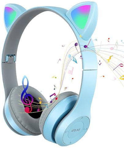 QCXWCJWD Wireless Over Ear Kids Headphones, Foldable Bluetooth Kids Headset with Microphone, LED Light Cat Ear Headphones for Girls Boys (Blue White)