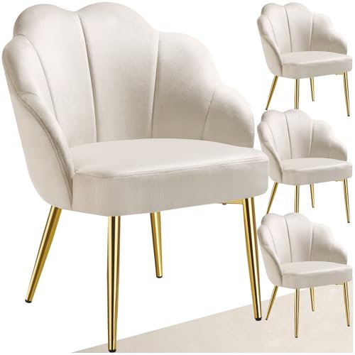 tectake® Cocktailsessel in Muschelform, Samt Stuhl mit Armlehne, Sessel Wohnzimmer, Loungesessel, Stühle Esszimmer, Relaxsessel, Sessel Schlafzimmer, Deko Zimmer, Lesesessel - créme/Gold, 4er Set
