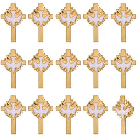 CHGCRAFT 15 Stück Kreuz mit Friedenstaube Emaille Anstecknadeln Kreuz Reversnadel Kreuz Beerdigungsnadeln Taube Kreuz Bänder Emaille Anstecknadeln Legierung Broschen für Kleidung, Golden, 0,9x0,6 Zoll