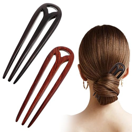 HJZHII Lot de 2 épingles à cheveux françaises en bois de 12,5 cm, 3 broches en bois de santal, grandes pinces à cheveux rétro, pinces à chignon, épingles à cheveux en forme de U pour femmes et filles,