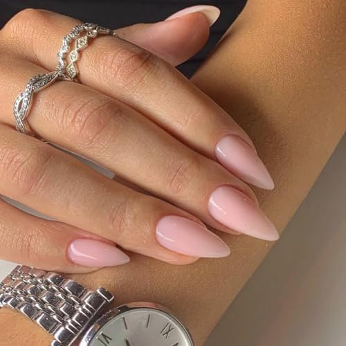 Moguri Dusty Lot de 24 faux ongles à coller en forme d'amande, rose poudré, avec accessoires, courts et durables, remplacement pour ongles en gel, réutilisables et confortables