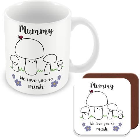 MUGGZ - Mummy We Love You So MUSH - Mug & Coaster - Cute Mushroom Mummy Mug - Gift for Mum - Mum 3 Children