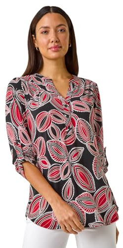 Roman Shirt for Women UK Ladies Top Collarless Blouse Stretchy Tunic Smart Casual Autumn Winter Jersey 3/4 Length Sleeve Notch V Neck Flattering Office Work - Leaf Red - Size 14
