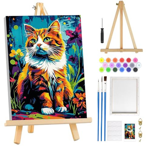 MOGTAA Chat Peinture Numero Enfant Adulte avec Cadre, Animaux Peinture par Numero Adulte avec Chevalet, DIY Numéro d'Art Kits, Loisirs Créatifs Adultes, pour décoration d'intérieur, 20x30cm