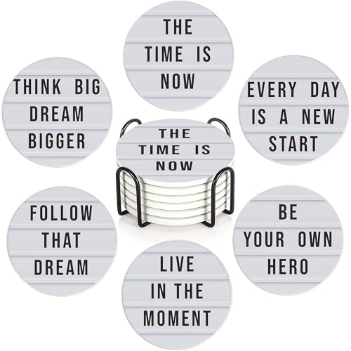 Motivation Quote Drink Coasters with Holder,Ceramic Coasters for Tables, Cork Backed Drink Mats for Coffee/Wine,Kitchen & Office Accessories