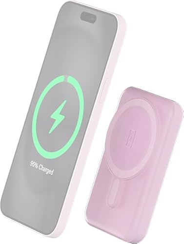 Batterie Externe MagSafe 5000 mAh sans Fil | 2 Ports USB-C & USB-A | Rose | Fixation aimantée iPhone induction Qi | Marque française éco-conçue | Câble USB-A vers USB-C inclus | BIGBEN CONNECTED