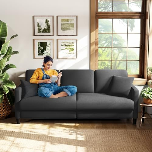 Welzona 3 Seater Sofas, 211CM Sofa 3 Seater, Teddy Fleece Loveseat Couch with 53cm Deep Seat, Tool-Free Setup Couches for Living Room, Modern Couch 385kg Capacity, 2 Pillow Included, Grey Sofa