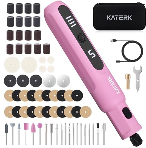 Katerk Mini Cordless Rotary Tool, 5-Speed Rotary Tool Kit, 5000-20000RPM & 70 Accessories, Multi-Purpose 3.7V Power Rotary Tool for Sanding, Engraving, Polishing, Drilling, 3D Printing,DIY Crafts Pink