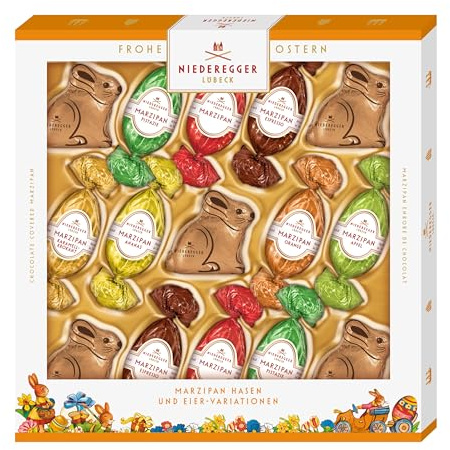 Niederegger | Marzipan Hasen & Eier Variationen | 1x 187g | Edle Geschenkpackung gefüllt mit Marzipan Hasen & Eier Variationen, umhüllt von Zartbitter- & Vollmilch-Schokolade | Osterpräsent