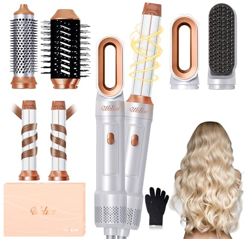 UKLISS Hairstyler 6 in 1 Air Styler Set - Pro Haarstyler Rundbürstenföhn | mit Air Curler, Warmluftbürste, Föhnbürste, Haartrockner, Glättbürste | für Locken, Volumen, Glätten und Föhnen (Perlweiß)