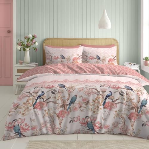 Lions King Size Duvet Cover Sets - 3 Pcs Poly Cotton Peach Floral Bedding with Matching Pillowcase, Soft Reversible Flowers Printed Quilt Covers, 230x220cm