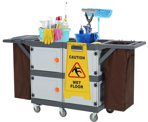 Carrello per pulizie professionale a 4 scomparti con doppio coperchio, manico in PP, struttura in alluminio, ruote silenziose TPR da 4 pollici, sacchi inclusi