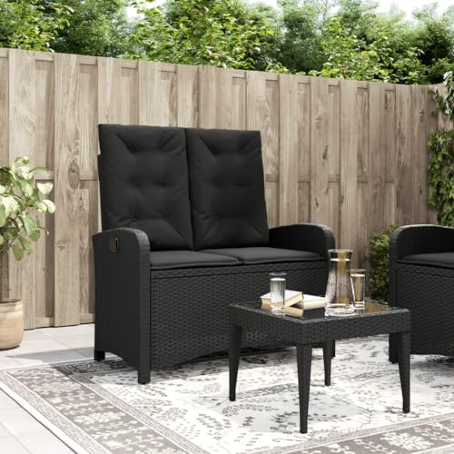 Zeehear Gartenbank Verstellbar mit Kissen Schwarz, Poly Rattan Outdoor Relaxliege, 110 kg Tragkraft, UV-beständig, wetterfest für Terrasse, Balkon