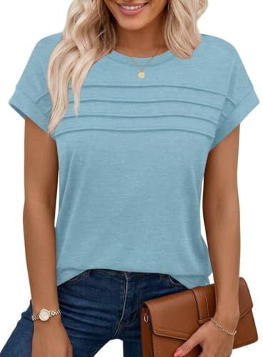 Chicrise Shirts for Women UK Crew Neck Casual Plain Tank Tops Cap Sleeves Basic Solid Color T-Shirt Sky Blue Means 12-14