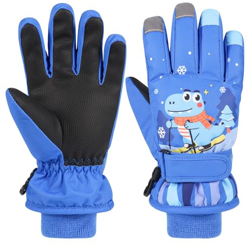 Jupsk Gants Ski Enfant d'hiver Mitaine Moufle Imperméables Velo Gants de Ski Dinosaure Mittens Snowboard Fleece Gloves pour Fille Garçon 7-9 Ans