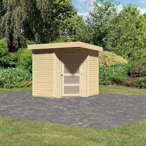 Karibu | Abri de Jardin Bois Massif Schwandorf 3, 4,62m², Épicéa Nordique Naturel | Toit Plat avec Feutre Bitumé | Porte Vitrée et Fenêtres Plexi | Options Plancher et Couverture Autoadhésive
