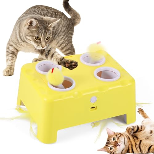 GEOKILO Cat Toys for Indoor Cats, Pop and Play Hide Seek Hunting Mouse,Rechargeable Silent Automatic Feather Mice Interactive Cat Toy for Pet Kitten Play Fun Exercise
