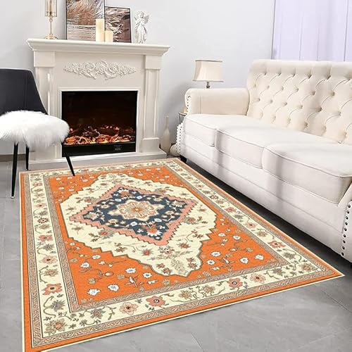 YEGRFJIS Boho-Teppich, klein, waschbar, für Eingangsbereich, Vintage-Überwurf, orientalisch, rutschfest, für drinnen, Haustür, Wohnzimmer, Schlafzimmer, marokkanisches Karomuster, 210x280cm orange