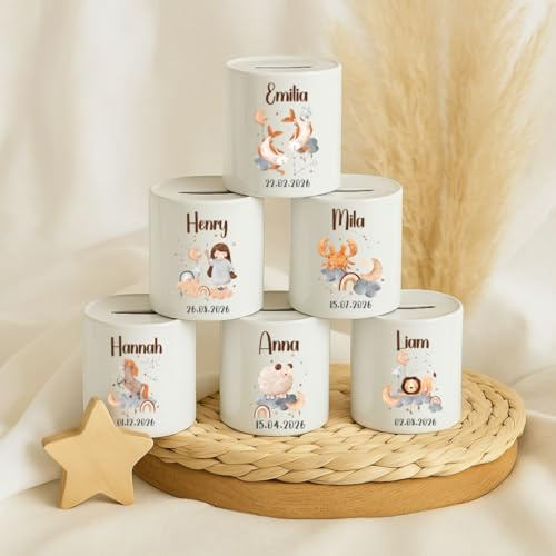 Personalisierte Spardose Keramik Sternzeichen mit Namen und Geburtsdatum fuer Kinder individuelle Geldbox mit Tierkreiszeichen Geschenk zur Geburt Taufe Geburtstag Einschulung Kinderzimmer Deko