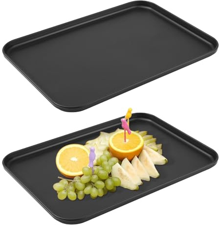 2 Pcs Black Serving Trays, Rectangular Serving Trayss, Black Plastic Trays for Food Servings, Non Slip Breakfast Tray for Home Office Bedroom Coffee Dinner Buffet Food Plates(12.2 x 8.9 x 0.6 in)