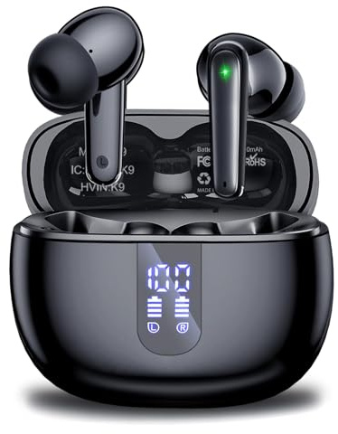 yideing Auricolari Bluetooth senza fili,Auricolari Bluetooth 5.3,40 ore di autonomia con schermo di alimentazione LED, IPX7 impermeabile, con audio stereo Hi-FI,Intraauricolari con microfono, nero