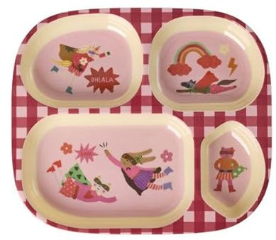 ReWu RICE Teller mit 4 Fächern aus Melamin, Wonder Girl Design | 24,5x21,5cm
