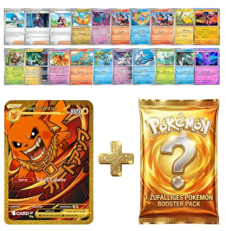 Pokémon Karten Set | 20x Deutsche Pokémon Karten + 1x Zufälliges Deutsches Booster Pack + 1x Mega Card Up Karte Kinder & Sammler