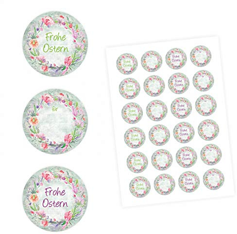 24 Oster Aufkleber Holz Blumen - rund 4 cm Ø - Frohe Ostern Sticker Aufkleber Osterhase Osterei Osternest