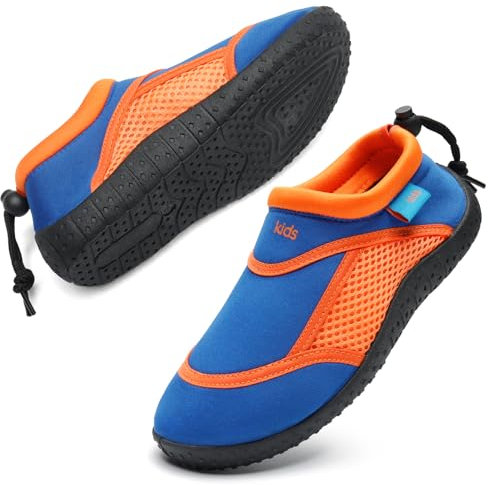 HKR Badeschuhe Kinder Wasserschuhe Jungen Schwimmschuhe Strandschuhe Aquaschuhe Kind Schwimmsocken Badesocken Mädchen Dusch rutschfest Slip Stop Aquasocken Kids Unisex Blau/Orange Größe 33 EU