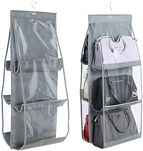 INHEMI Handtaschen Organizer Hängend , Handtaschen Hängeorganizer Aufbewahrung mit 6 Taschen,Handtasche Aufbewahren,Vliesstoff, Transparentes Fenster, Aufbewahrungstasche, Hängeorganizer - Grau