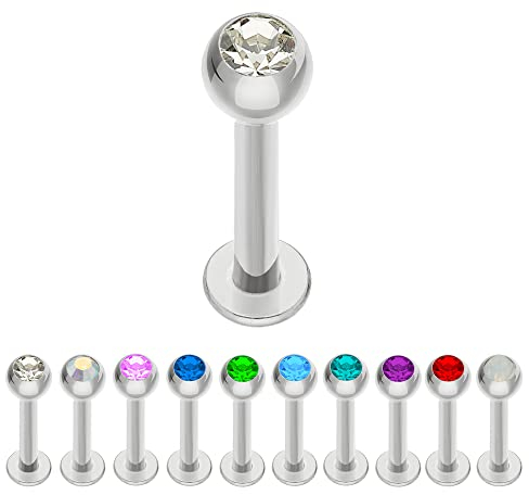 Treuheld® | Silberne LABRET PIERCING mit KRISTALL aus Stahl - [31.] 1.0 x 6 mm (Kugel: 3mm) - klar/durchsichtig