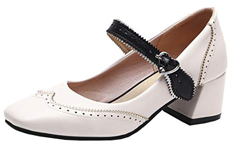 MISSUIT Damen Mary Jane Damenschuhe Blockabsatz Vintage Chunky Heels Pumps mit Riemchen Retro Schuhe(Beige,43)