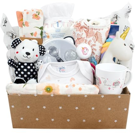 Kelzia Geschenkbox für Neugeborene - Willkommensgeschenk mit Baumwollkleidung, biologisch abbaubaren Windeln, Plüschtier, Bilderrahmen und mehr - vegan, antiallergische Baumwolle - Unisex (Box 2)