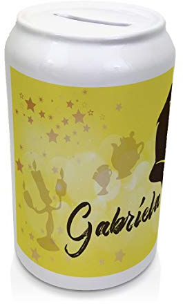 LolaPix Hucha Personalizada con Nombre. Regalos Personalizados. Regalos para Fans. Cerámica Tapón Inferior. Hucha Lata. Bella y Bestia