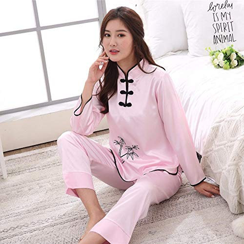 YUHOOE Femme Pyjamas Satin,Sexy Rose Style Chinois Femme Pyjama Rayonne Ensemble À Manches Longues Nouveauté Broderie Pyjamas Costume Fille Salon Maison Porter des Vêtements De Nuit M-XXL, Rose, XXL