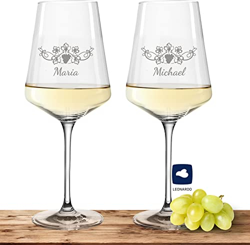 2X Leonardo Weißweinglas mit Namen oder Wunschtext graviert - PUCCINI - große 560ml Gläser - personalisierte Weingläser im Set als Geschenkidee für Paare, Eltern oder Hochzeit Motiv (Weinrebe)
