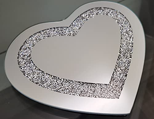 25cm CRUSHED CRYSTALS HEART SHAPE MIRROR CANDLE TRAY JEWELLED DIAMANTE HEART MIRROR TRAY CRYSTAL CANDLE PLATE WEDDING CRUSHED BORDER