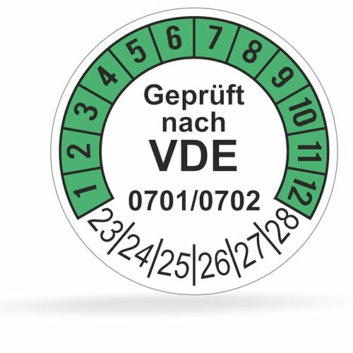 Fluxxx 560 Stk Prüfplaketten Geprüft nach VDE, 20 mm Ø, Prüfetiketten nach DGUV V3, 2023-2028, selbstklebend, Prüfaufkleber, E-Check Prüfetikett, Plakette für Elektrogeräte (Grün, 5 Bogen)