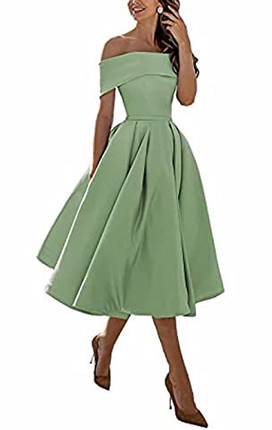 yhfshop A Line Knee Length Prom Evening Dresses,A-line Satin one-Shoulder Three-Quarter Skirt,Grey Green C,US16,Party Ball Prom Gown