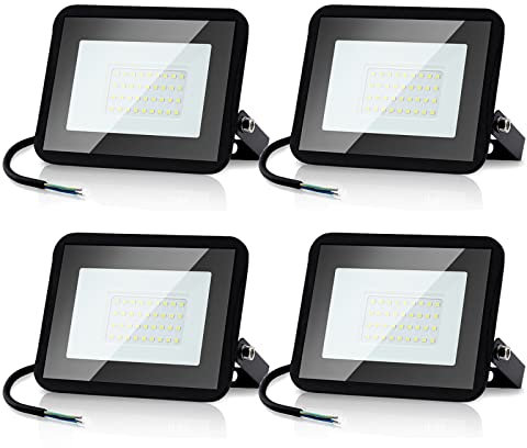 Randaco Lot de 4 spots extérieurs LED 20W Blanc Froid, Projecteur LED extérieur puissant 1700LM 6000K d'éclairage de sécurité, IP66 étanche Éclairage LED pour Cour, allées(sans prise)