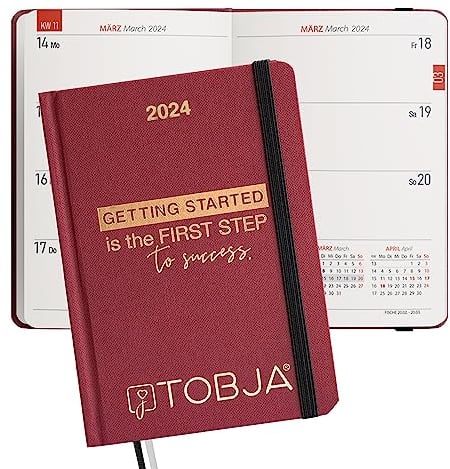 TOBJA Taschenkalender 2026 A6 rot - 1 Woche 2 Seiten, Robustes Hardcover, Taschenkalender 2026 klein, Ferien & Feiertage, 2 Lesebändchen & Gummiband, Kalender 2026 a6 [red]